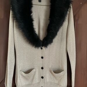 Ralph Lauren Cream Cardigan with Black Faux Fur Collar